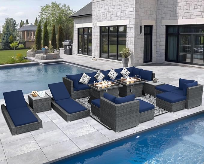 NICESOUL 18 Piece Patio Furniture Set with Fire Pit Table and Chaise, 29.3'' High Back Outdoor Wicker Couch Sets with Firepit and Lounger, 500 lbs Heavy Duty 14-Seat Outdoor Sectional, Gray & Navy