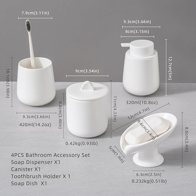Ceramic Bathroom Accessories Set,Includes Foaming Soap Dispenser, Toothbrush Holder, Soap Dish, Cotton Swab Jar,Bathroom soap and Toothbrush Holder Set,Classic Design(White Set - Foam)