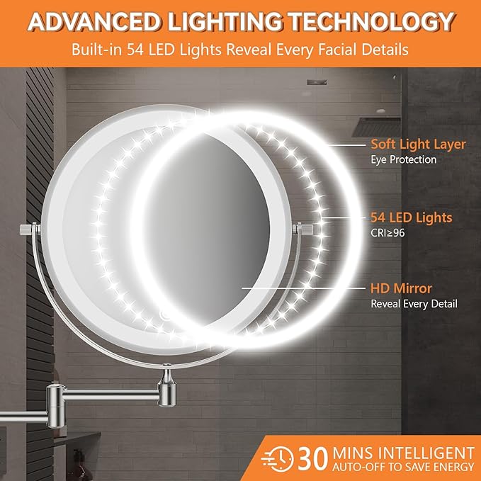 Auxmir 1X/20X Wall Mounted Makeup Mirror with Light, 8" Rechargeable Double-Sided Magnifying Mirror, Vanity Mirror Dimmable 3 Color Light, 360° Extension Rotation Foldable 14.5 Inch Arm, Chrome