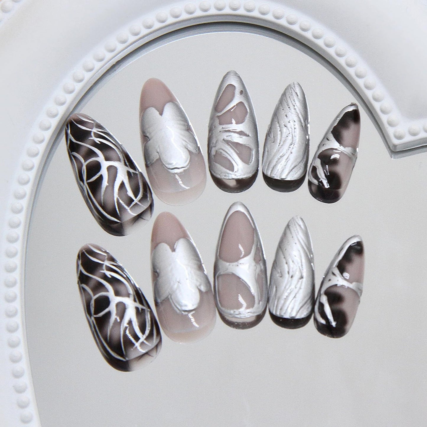 MISUD Press on Nails - Medium Almond Fake Nails with Goth Black Acrylic Silver Chrome Design 24 pcs
