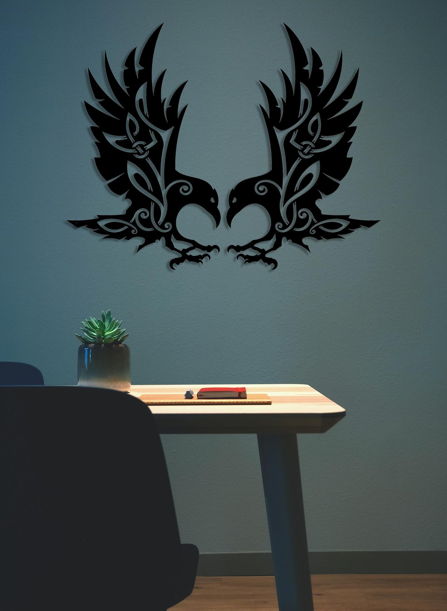 Viking Raven Wall Decor Metal Crow Wall Art Gothic Home Decorations Celtic Art for Living Room Bedroom Indoor Outdoor (Black 2 Set)