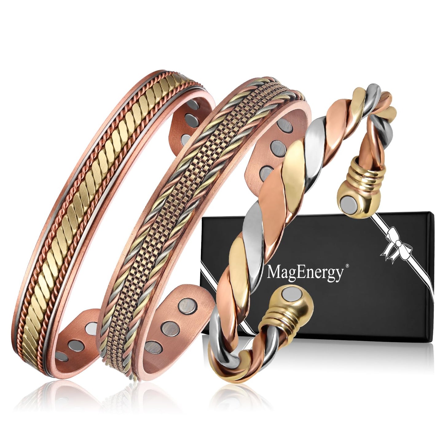 MagEnergy Copper Bracelets for Women Men, Set of 3 Pcs, Magnetic Therapy, Handmade 99% Copper Cuff Bracelet, Jewelry Gift Box
