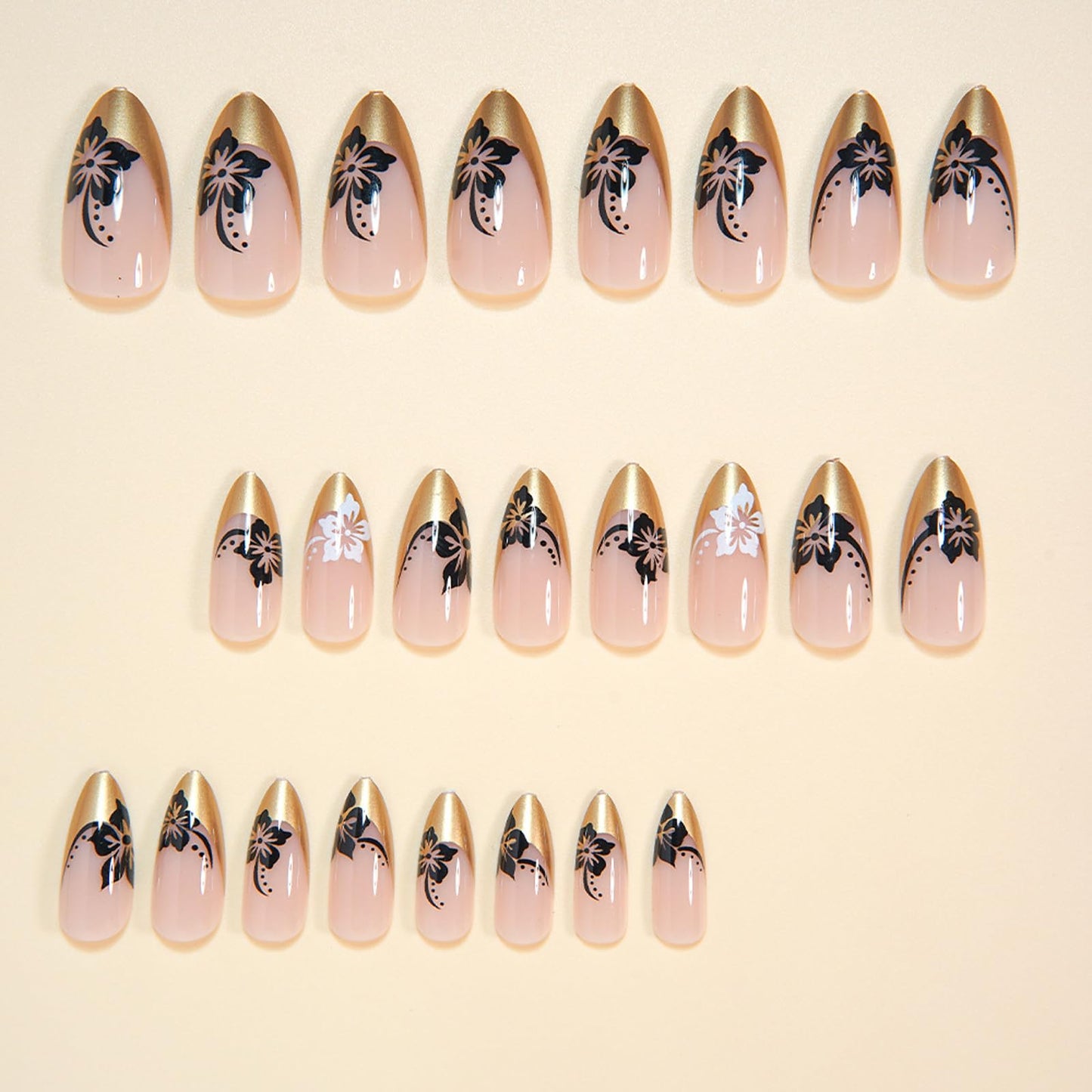 IMSOHOT Golden French Press on Nails Medium Almond Fake Nails with Black White Flower Designs Full Cover Glossy Acrylic Fall Glue on Nails