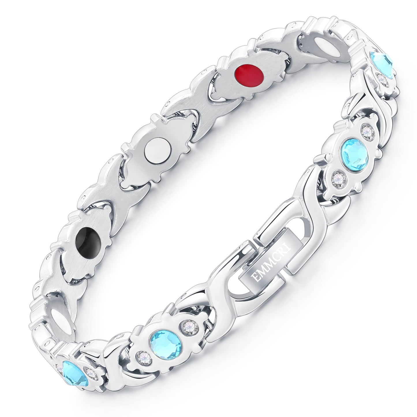 EMMORI Ultra Strength Magnetic Bracelet for Woman - 3,500 Gauss Per Magnet -Crystal Bracelet - Adjustable Length -Pulseras Magneticas (Silver Blue)