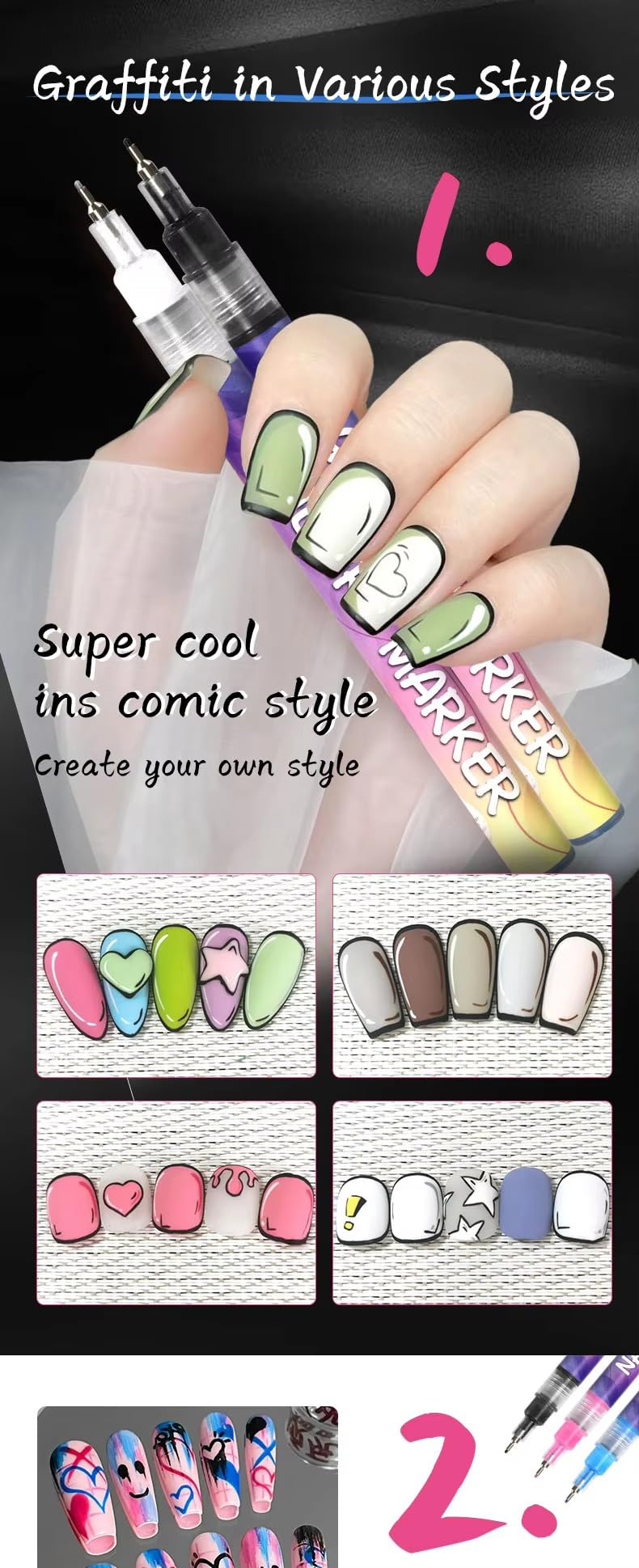 12 Waterproof Nail Art Pen set. Fast-Drying Non-Toxic 0.5mm Needle Tip Nail Polish Pens. Nail Paint Graffiti Dotting Pen for DIY Nail design