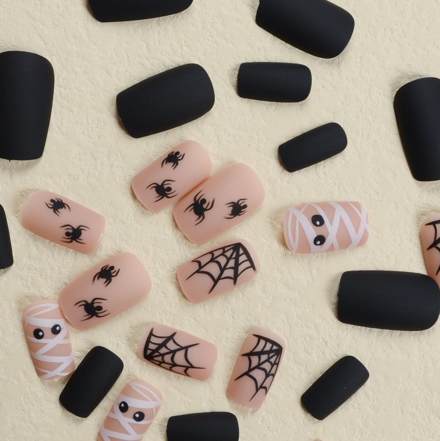 24pcs Black Halloween Press on Nail Short Square Fake Nails with Spiders Web False Nails Design Acrylic Glue Nails Stick on Nail Cute Artificial Nail for Women Party