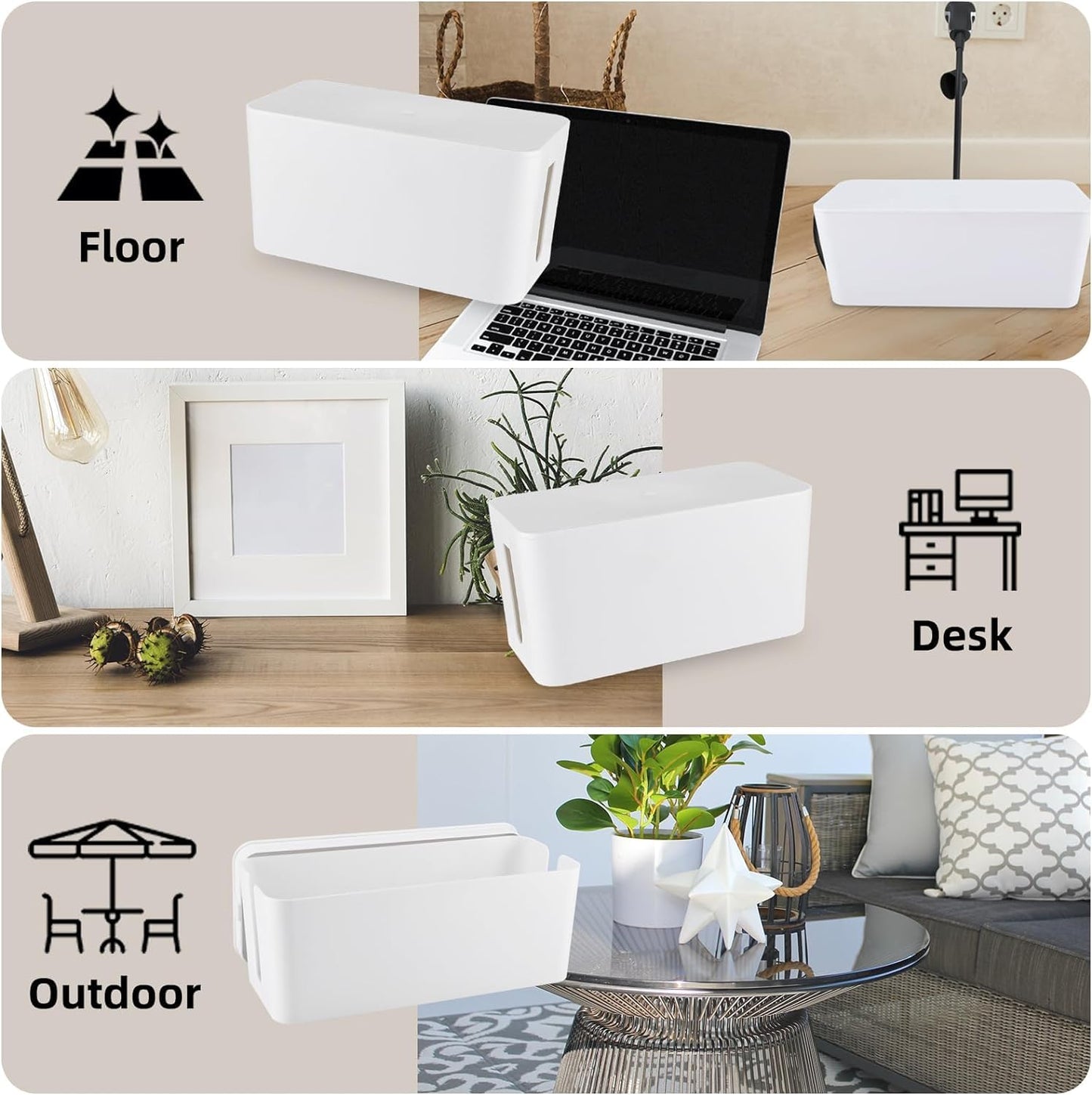 YaeCCC Cable Management Organizer Box Power Strips Hider Power Cords Hider for Desk, TV, Computer, USB Hub,Cords (Set of Three) White