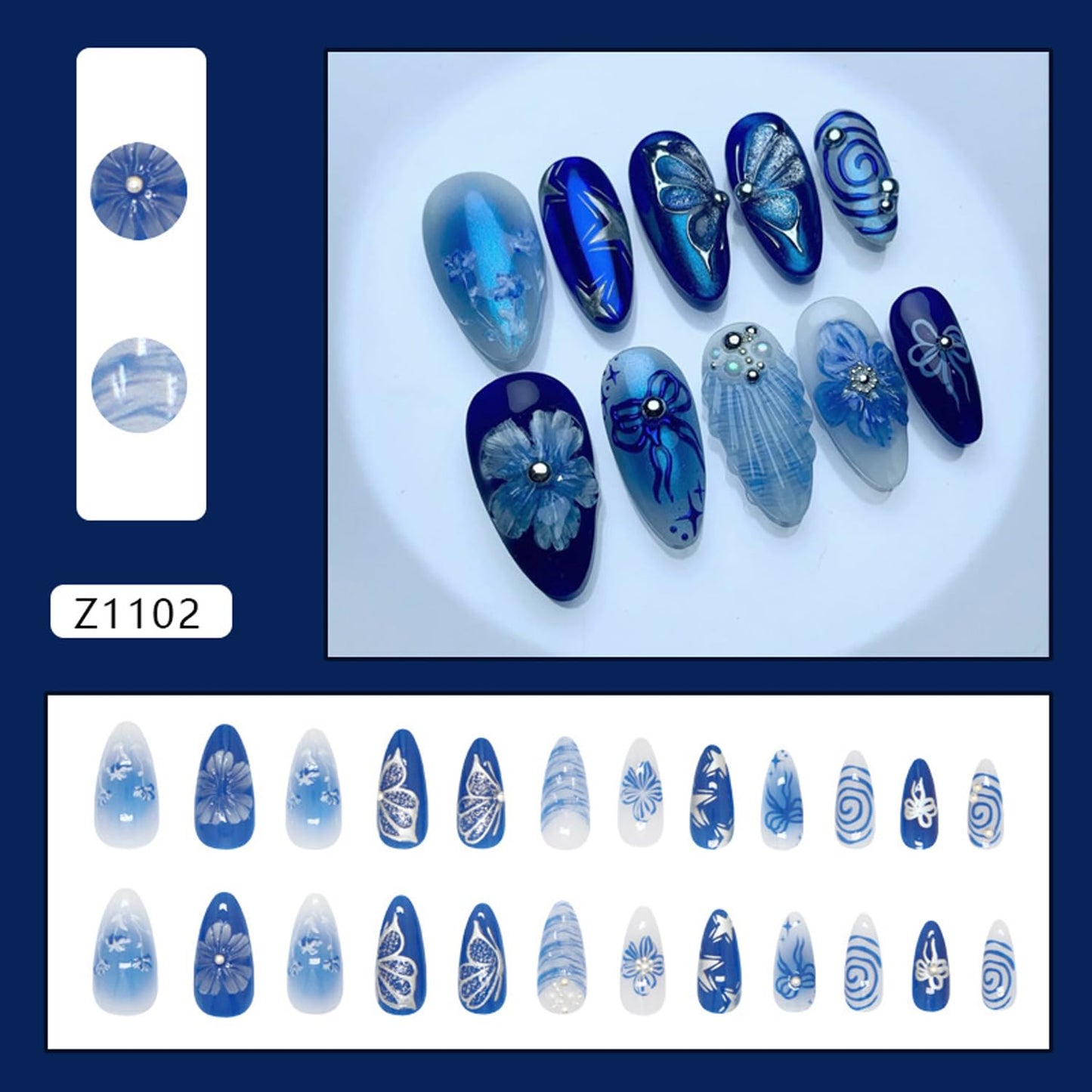 24Pcs Blue Flowers Press on Nails Medium Almond Fake Nails Blue Deep Sea Butterfly, Pearl Shell Pattern Cute Floral Nail Art False Nails Almond-Shaped Stick on Nails Reusable Artificial Nail for Women