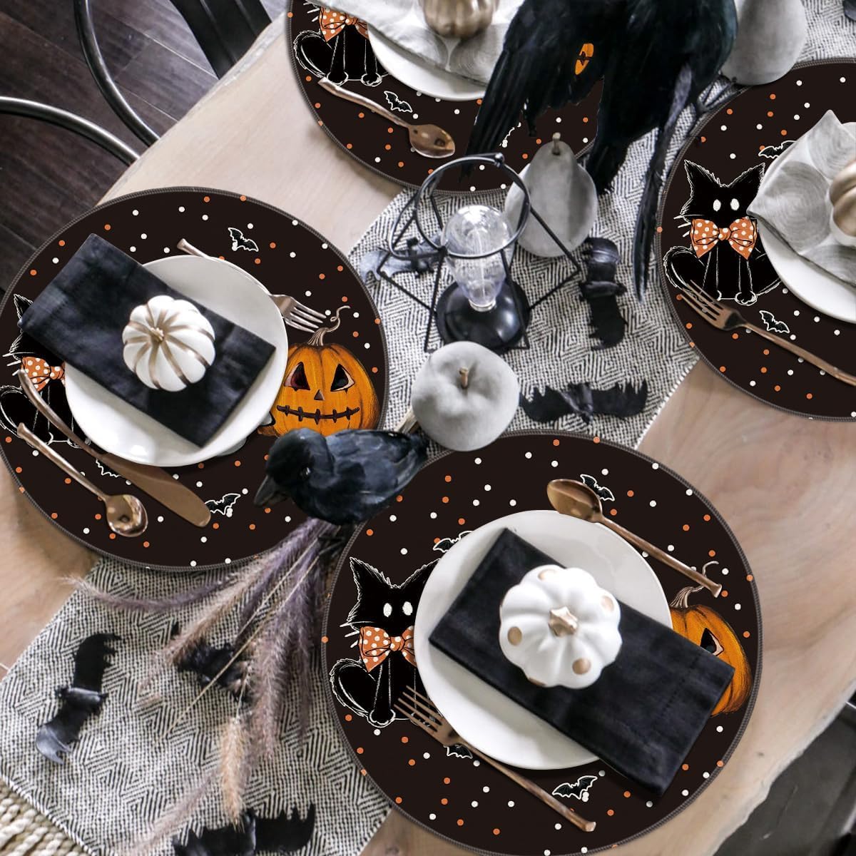 Artoid Mode Cat Ghost Pumpkins Halloween Round Placemats Set of 4, 14 Inch Table Mats for Party Kitchen Dining