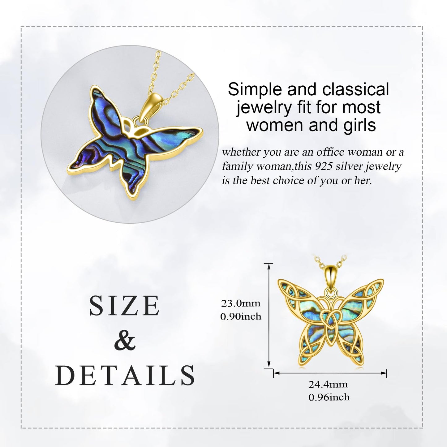 KQF Celtic Butterfly Necklace for Women Sterling Silver 18K Gold Butterfly Jewelry Gift for Women Abalone Shell Pendant