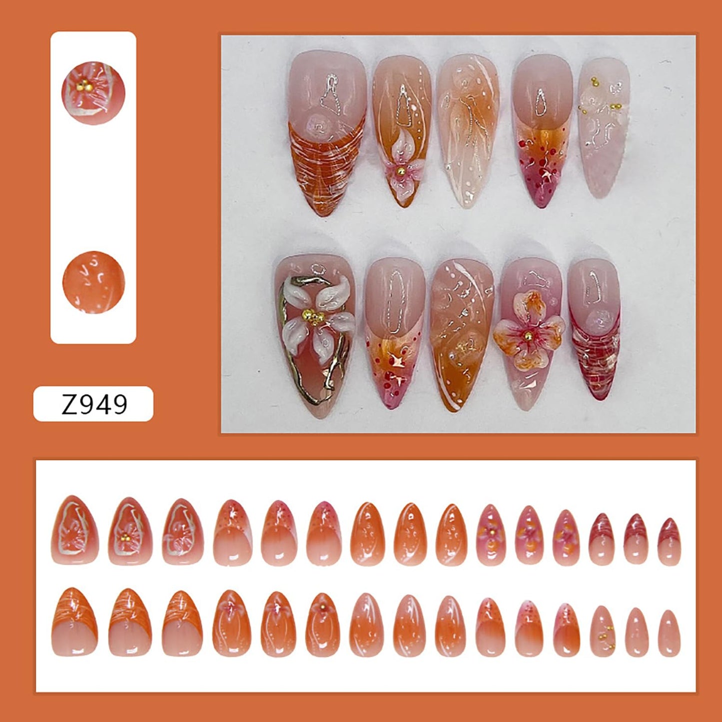 Flower Press on Nails Medium French Tip 3D Stereoscopic Floral Gold Pearl Design Coffin Acrylic Full Cover Almond Press Ones Artificial Glue on for Women