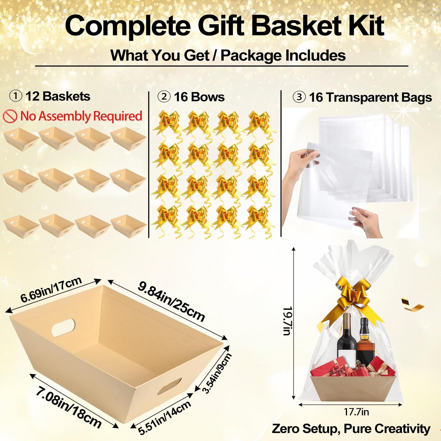 12 Pack Baskets for Gifts Empty, 10 x 7 x 3” Kraft Empty Gift Basket to Fill with 16 Cellophane Bags & 16 Pull Bows, Gift Baskets Bulk with Cellophane Wrap Set for Valentine’s Day, Christmas, Easter