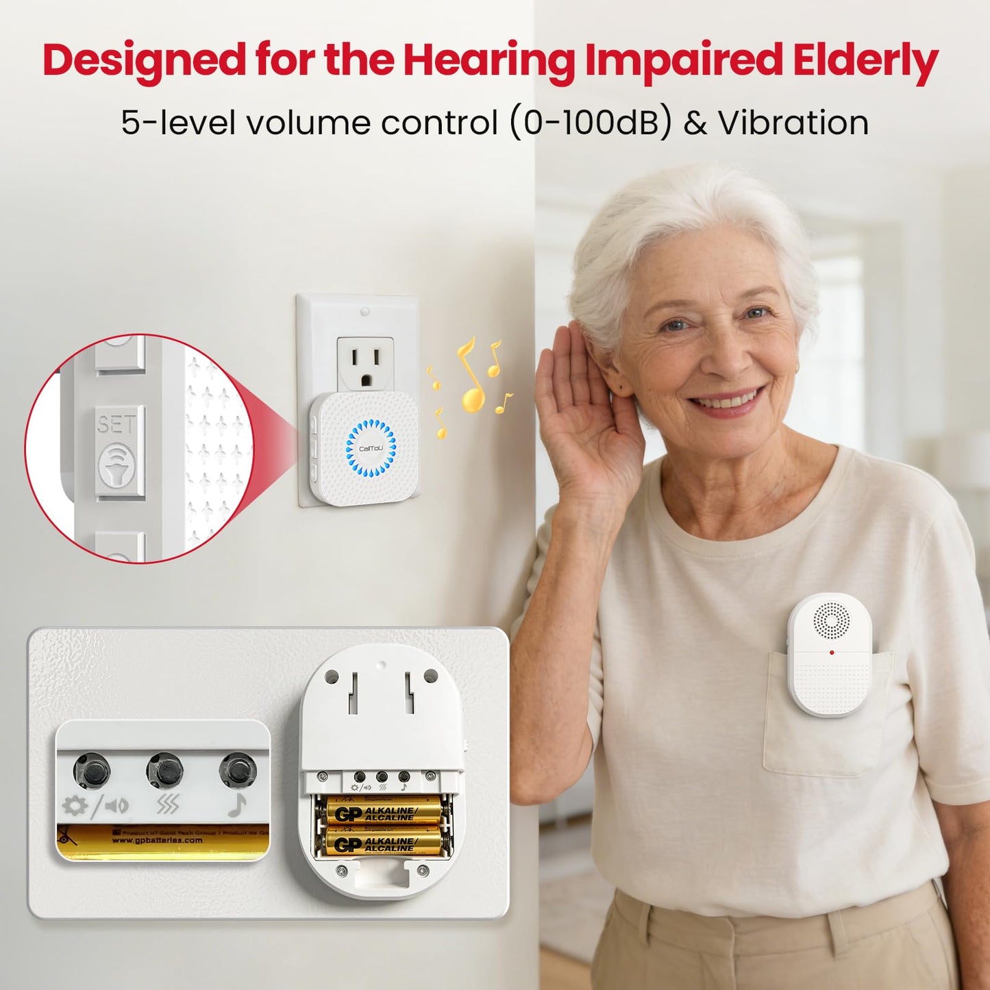CallToU Wireless Caregiver Pager, Waterproof SOS Call Button for Elderly at Home, Life Saver Alert System for Stroke/Parkinson/Patient, 500ft Range Vibrating Receiver for Hard of Hearing (2+2 Pack)