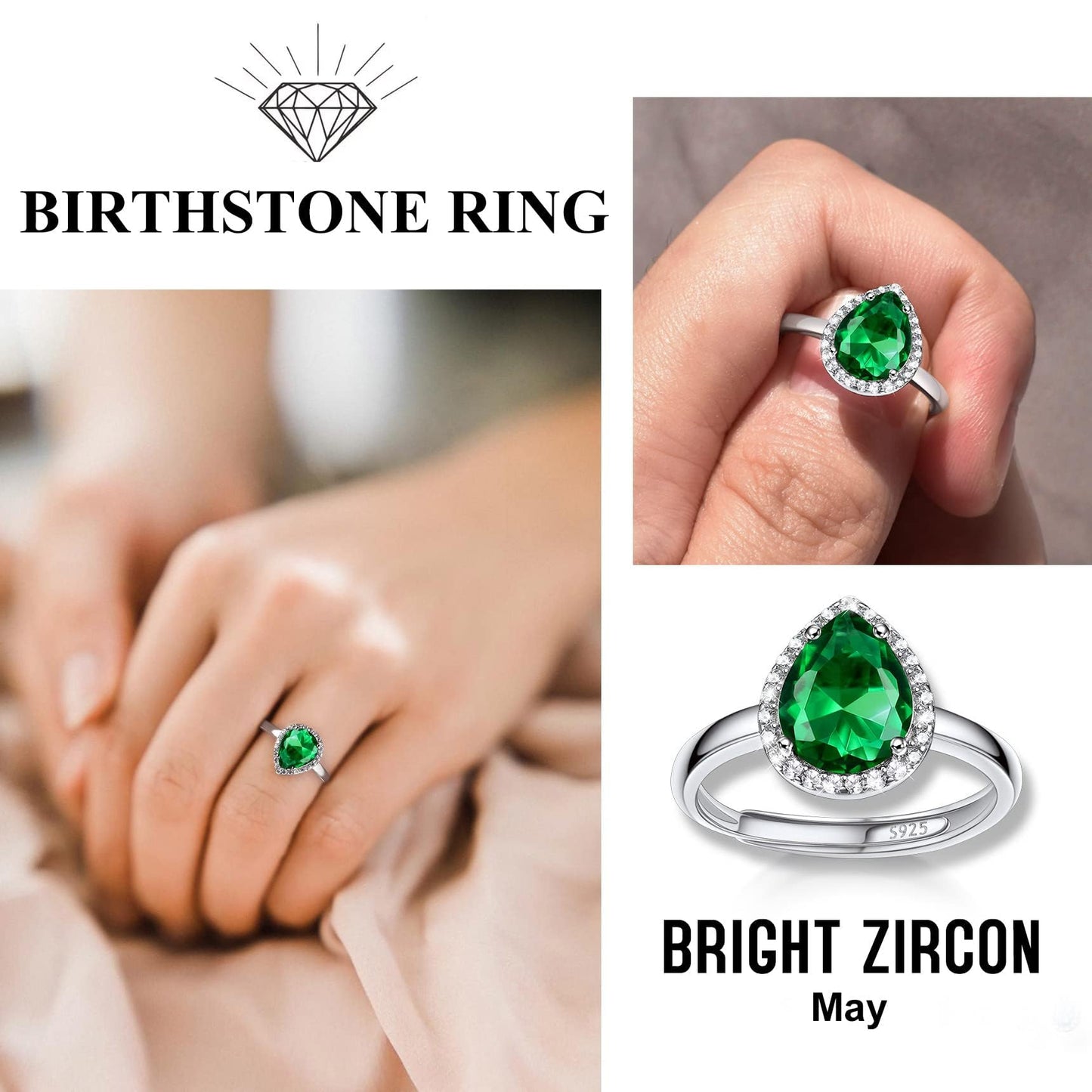 Bestyle Teardrop May Emerald Birthstone Rings Embellished with White Cubic Zirconia Minimalist Sterling Silver Open Band Gemstone Rings for Birthday/Christmas/Party/Anniversary/Wedding