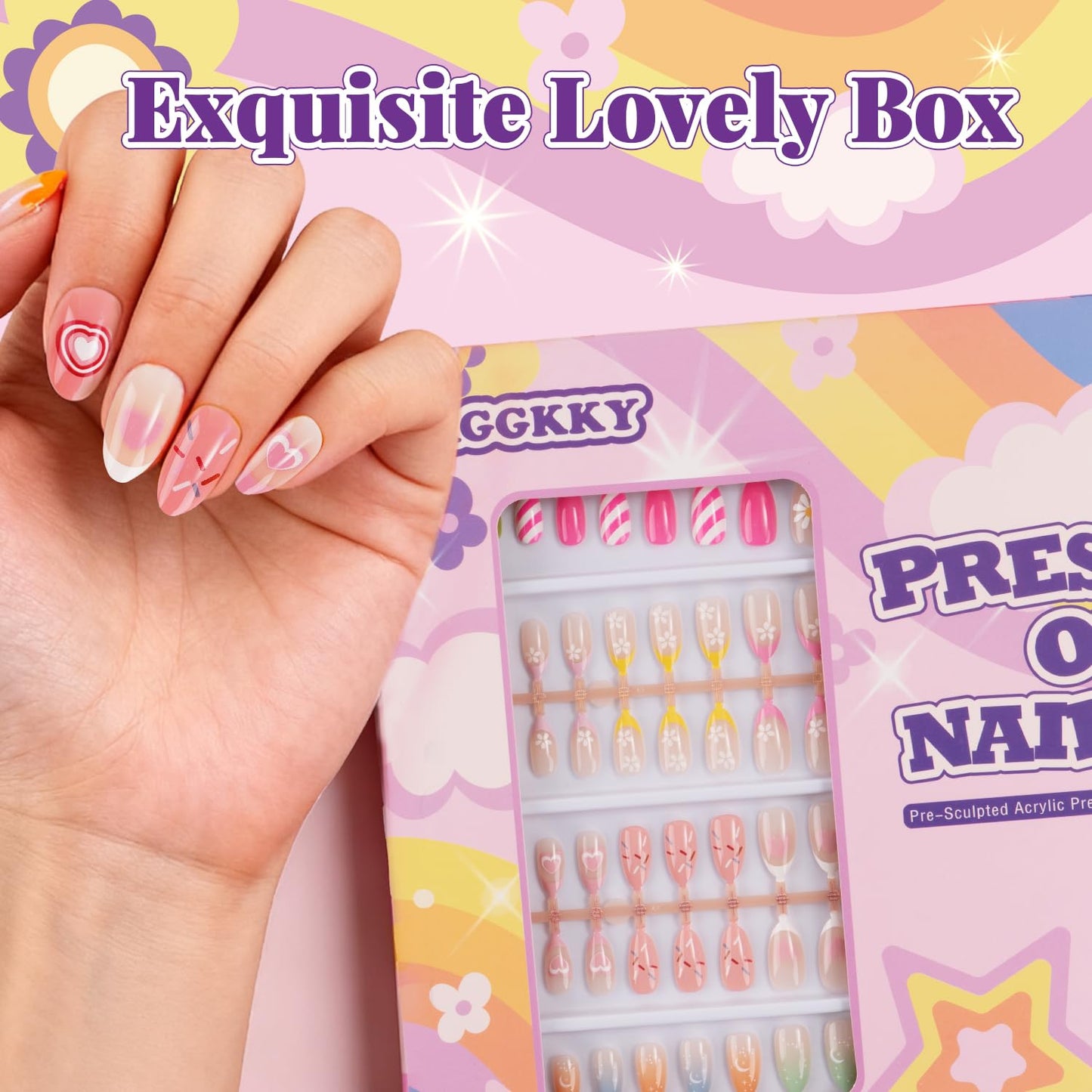 104 Pieces Press on Nails for Kids 4 Pack Artificial Fake Nails for Girls Kid Press on Nails for 8-12 Birthday Gift for Children Kids Little Girl Nail Art Decoration ﻿