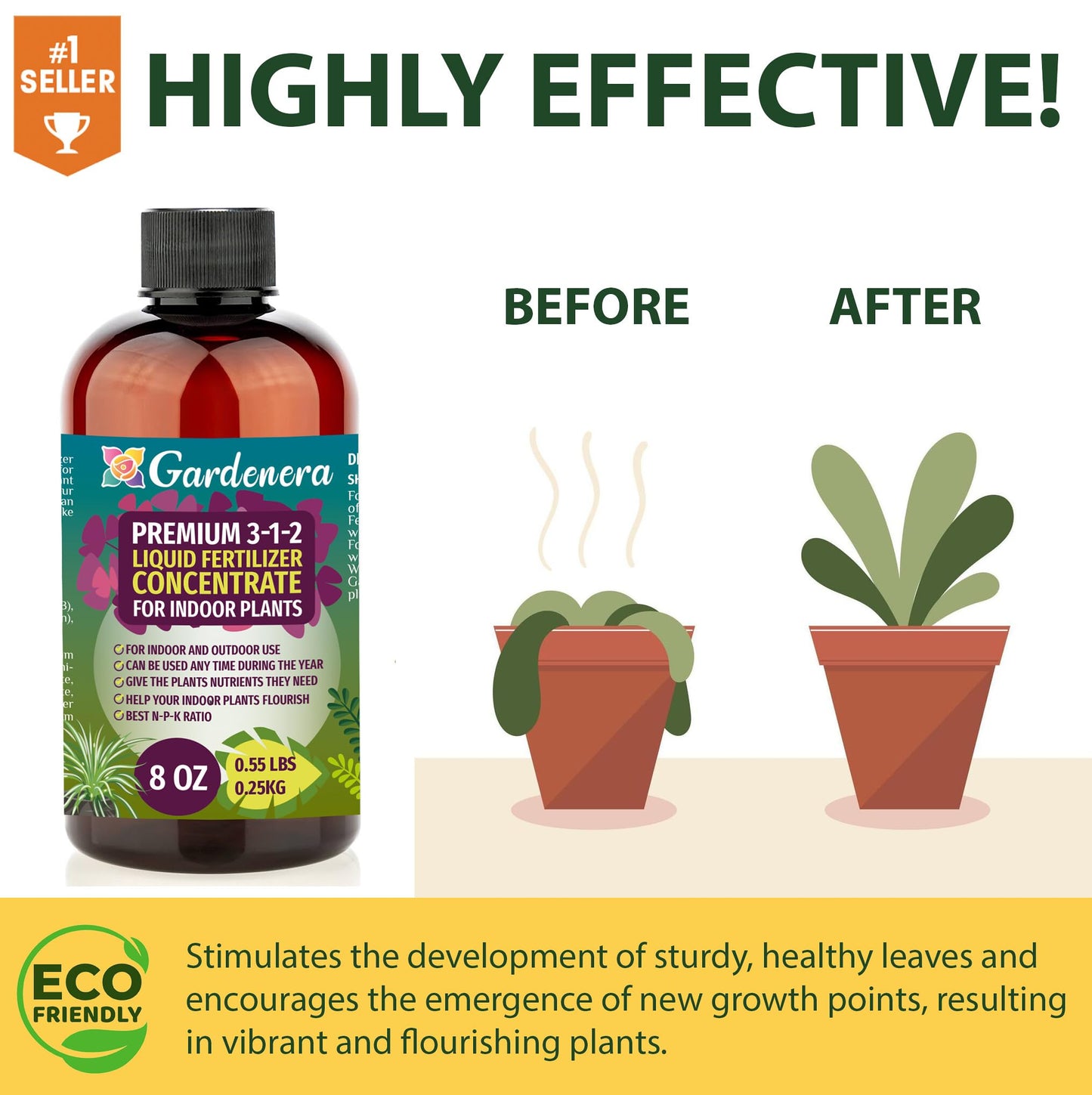 Gardenera Premium Liquid Aloe Vera Fertilizer - 3-1-2 Concentrate for Indoor Plants and Flowers - Organic Plant Food - 8oz