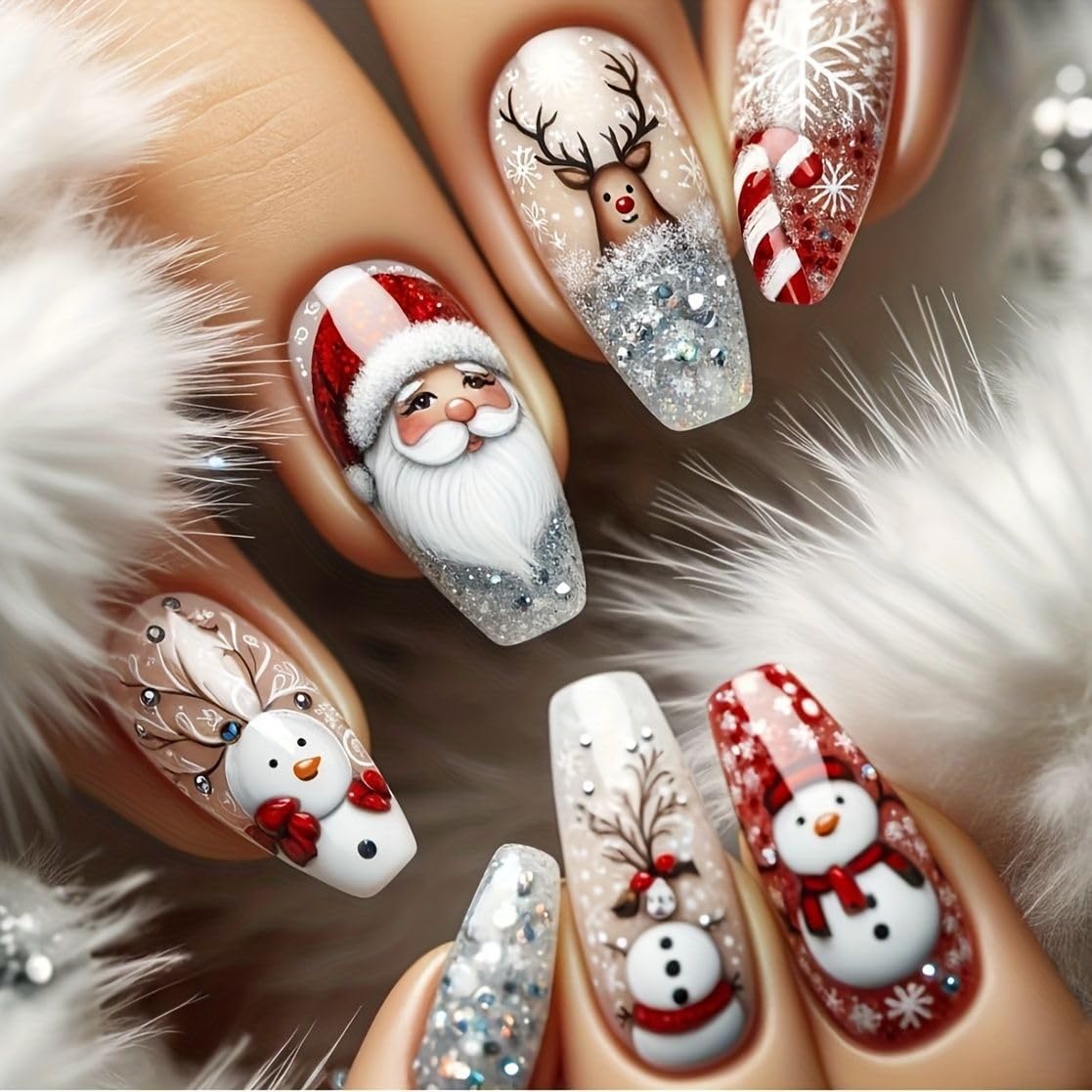 24Pcs Christmas Press on Nails EIK Snowman Coffin Fake Nails Winter Snowflake Medium False Nails with Crutch Designs Xmas Glue on Nails Full Cover Reusable Acrylic Nail for Women