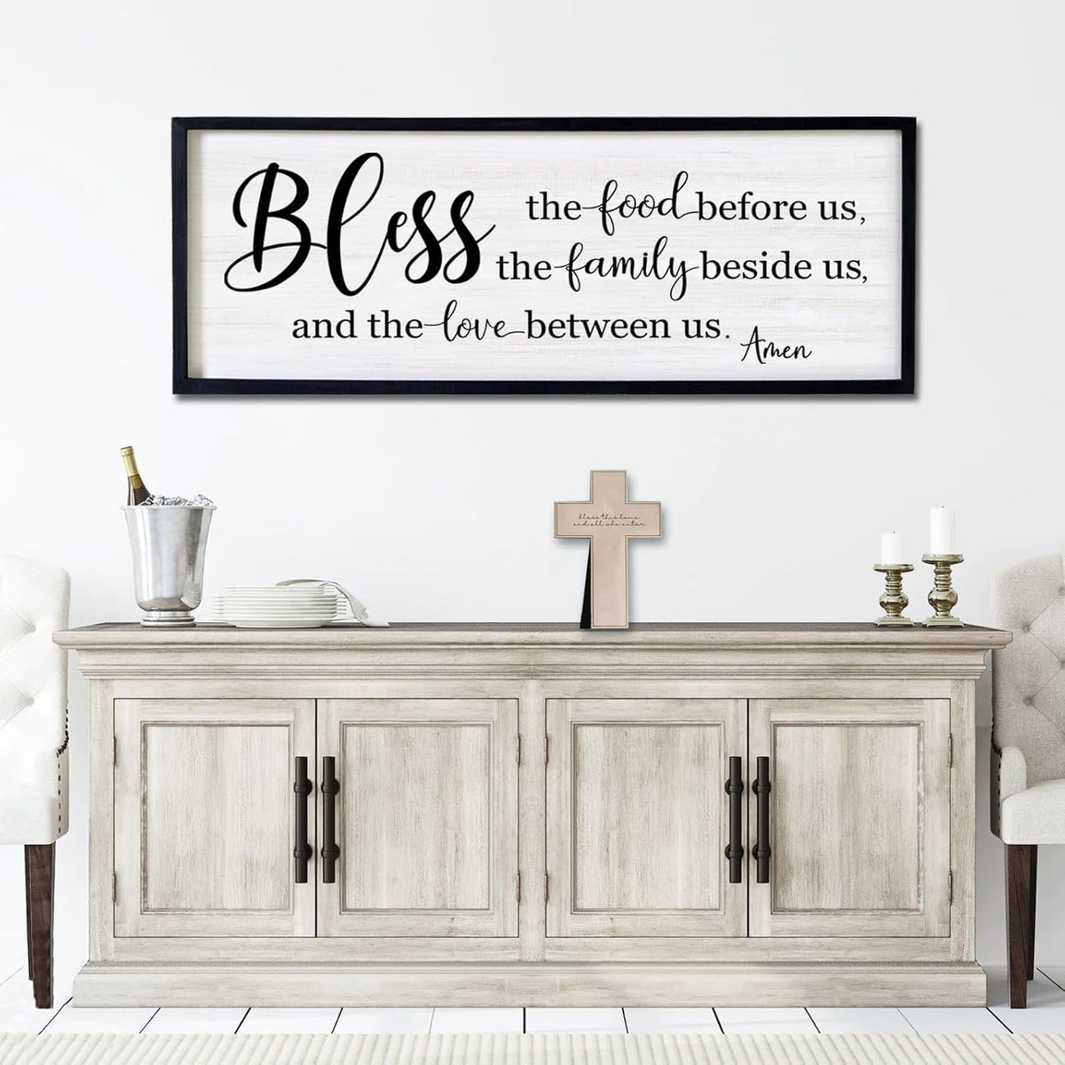 Bless the Food Before Us, the Family Beside Us, and the Love between us Framed Wall Art for Dining Room, 40''×15'' Holy Positive Religious Rustic Bible Verse for Christian God Jesus Christ Prayer