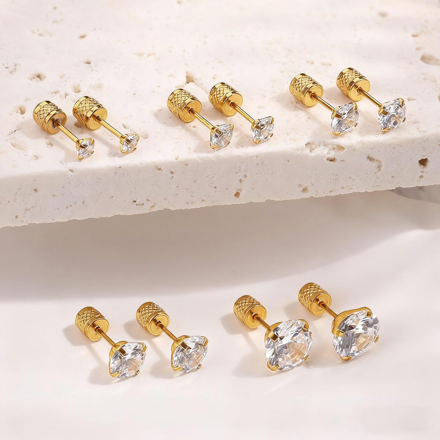 Hypoallergenic Threadless Flat Back Earrings,1 Pairs Cartilage Stud for Women Men Titanium Post 20G None Screw Easy Push in Gold Black Stainless Steel Flatback with CZ 3-7mm (Gold+Clear CZ, 6mm)