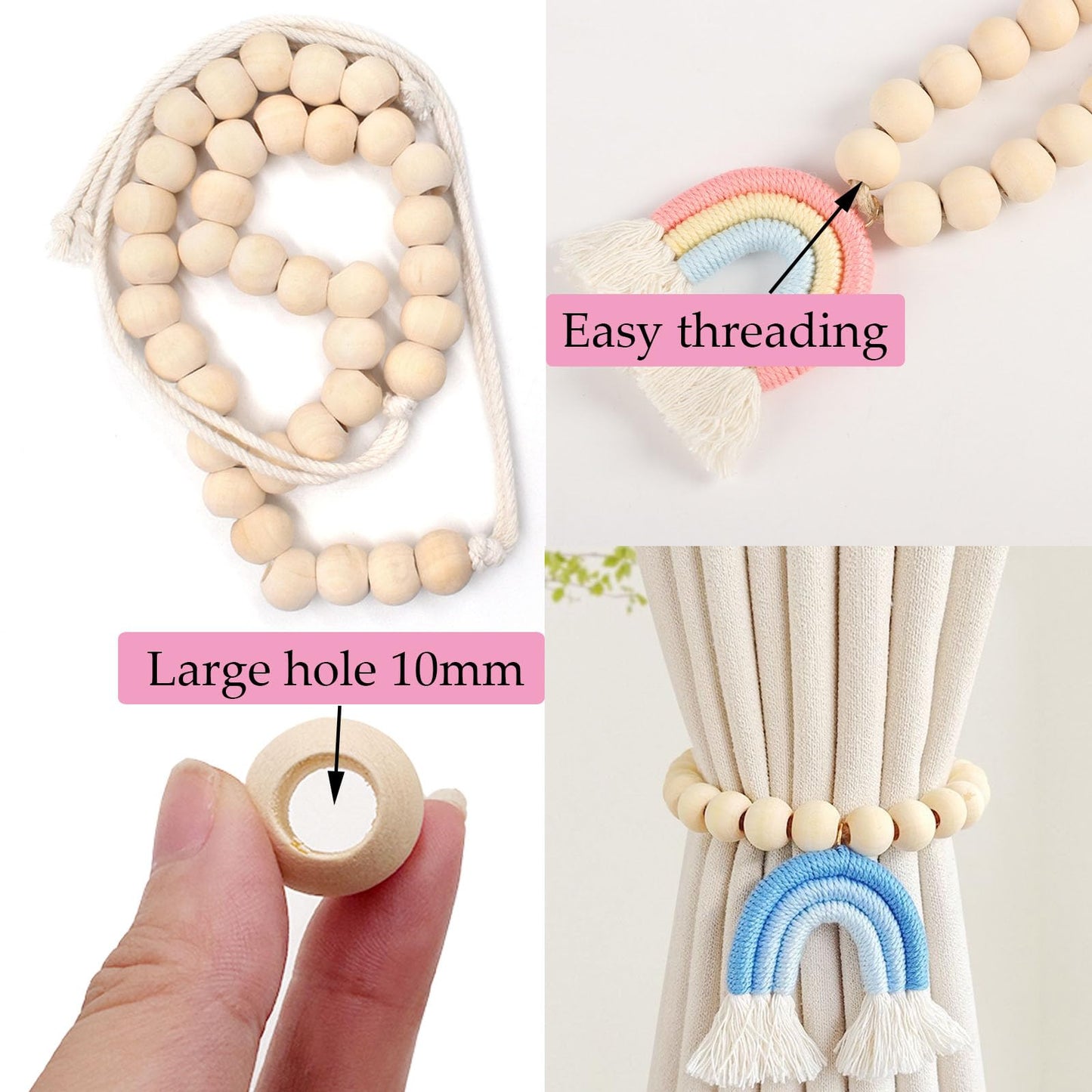 150PCS 20mm Unfinished Wood Beads for Crafts, 10mm Large Hole Natural Wooden Beads for Macrame Garland Décor