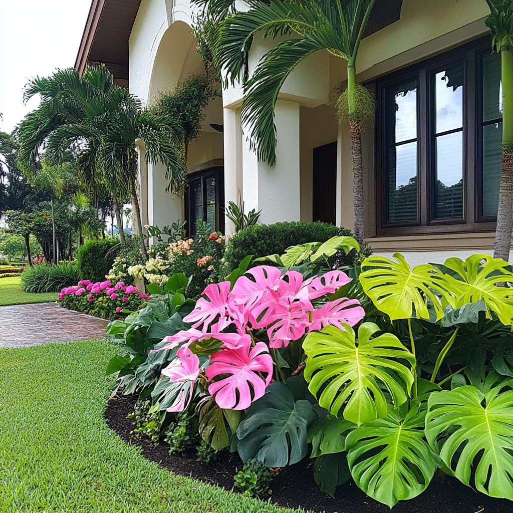 Rare Monstera Seeds Deliciosa, Pink and Green Tropical Leaves, Garden Landscaping