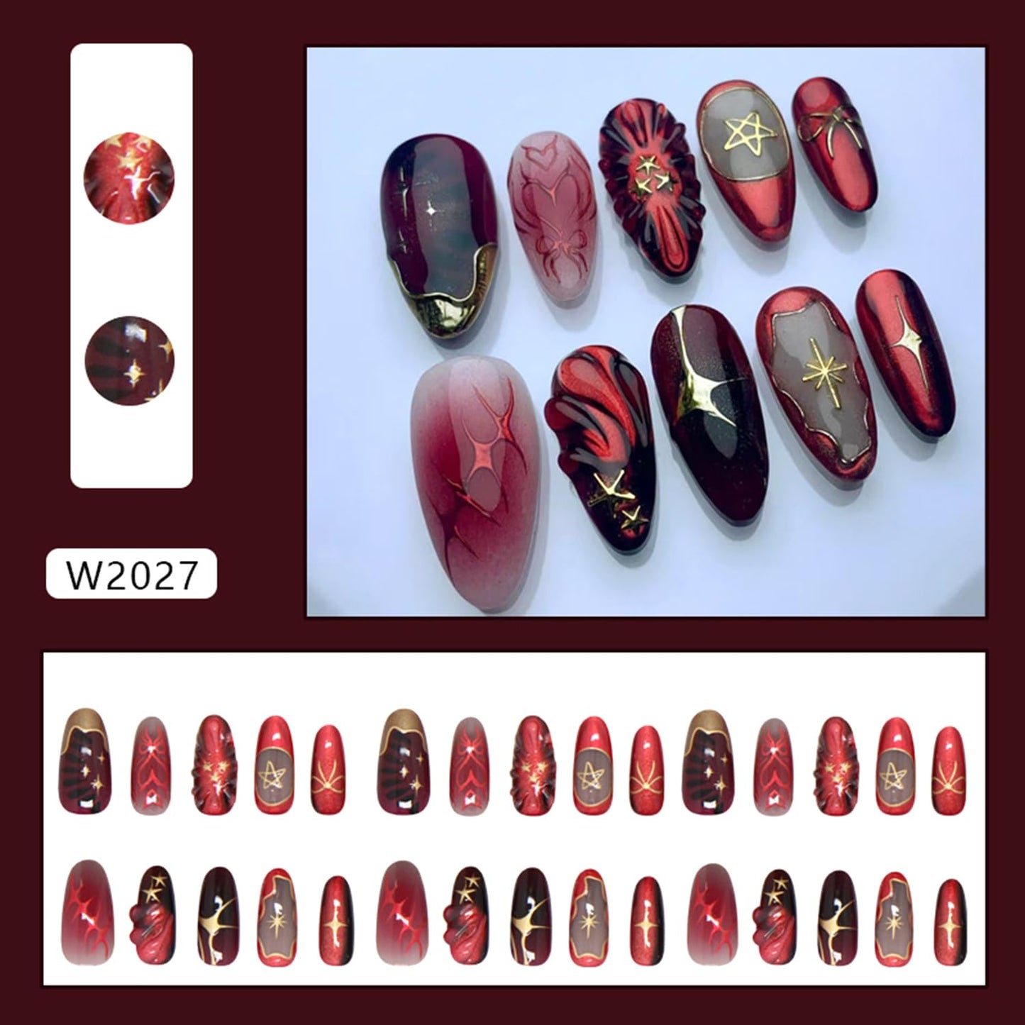 3D Handmade Press on Nails Gold Star Bow False Nails with Design Medium Almond Red Natural Glue on Nail Glossy Acrylic Stick on Nail for Women