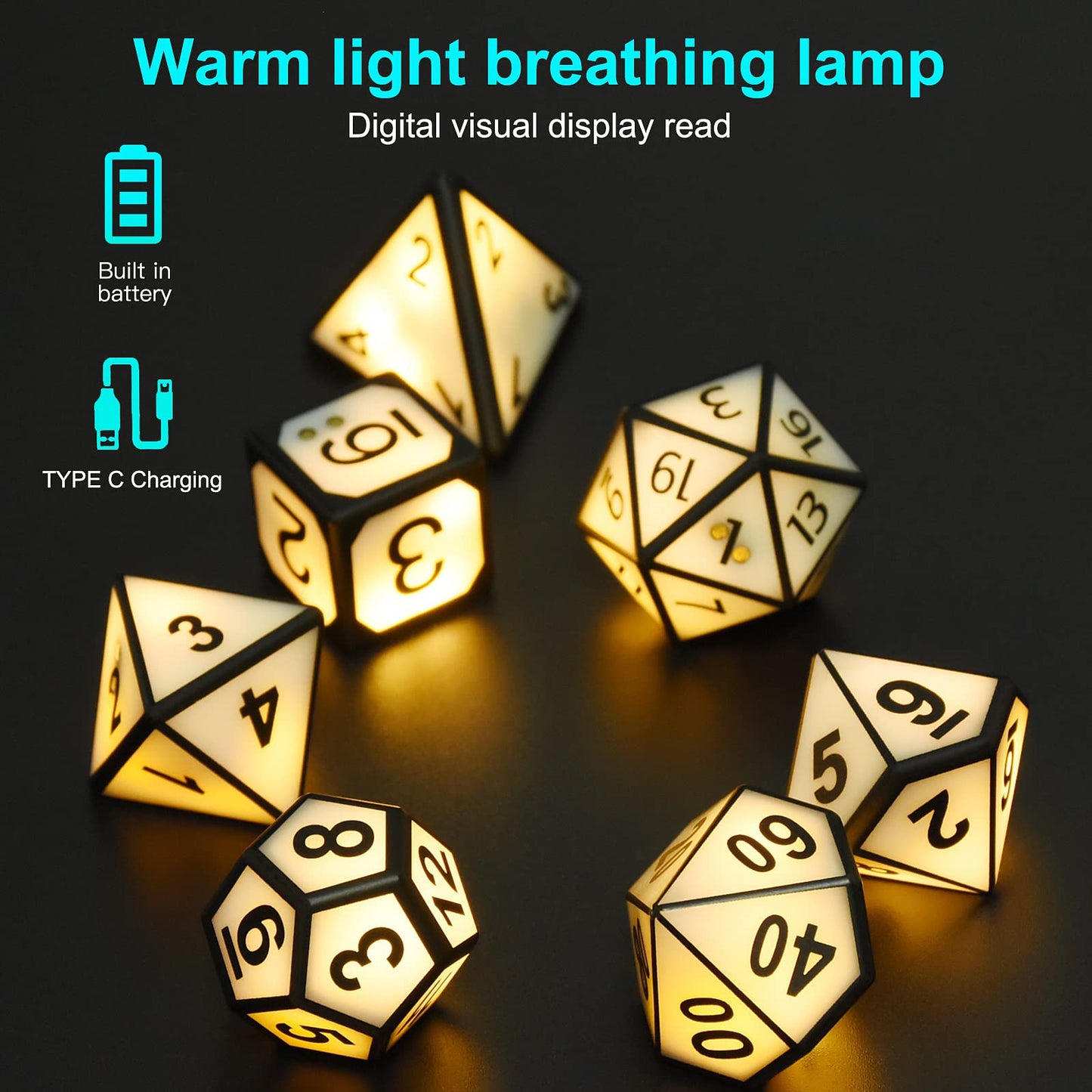 HTPOW Light Up DND Dice Set of 7 USB Rechargeable Role Playing Dice with Charging Box, Valentine's Day Gift Shake to Light up LED Dice for Dungeons and Dragons Role Playing Tabletop Games