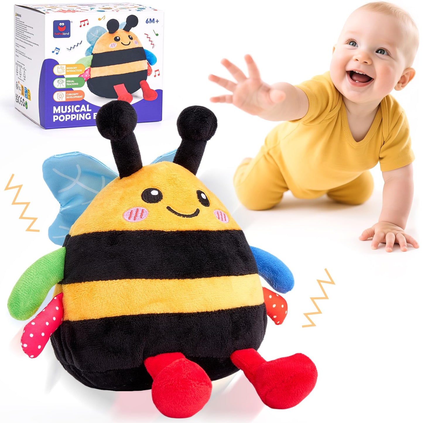 hahaland Baby Toy for 6 + 12 18 Months – Crawling Musical Dancing Bouncing Learning Bee Plush, Interactive Tummy Time Toy for 1 2 3 Year Old Boys Girls Baby Easter Basket Stuffers