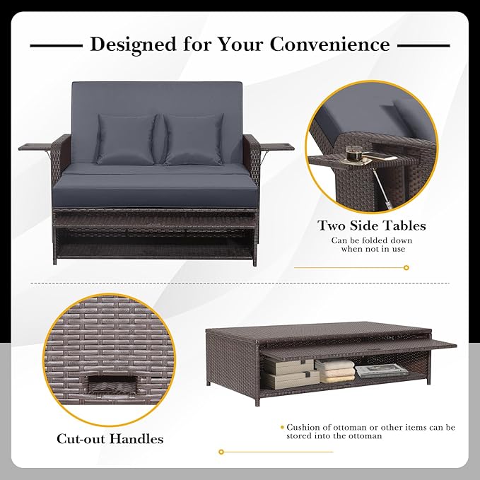 HAPPYGRILL Patio Rattan Wicker Daybed with Loveseat & Storage Ottoman, Outdoor Lounge Sofa Furniture Set with Adjustable Backrest & Side Trays, for Poolside Deck Porch Lawn (Mix Brown & Grey)
