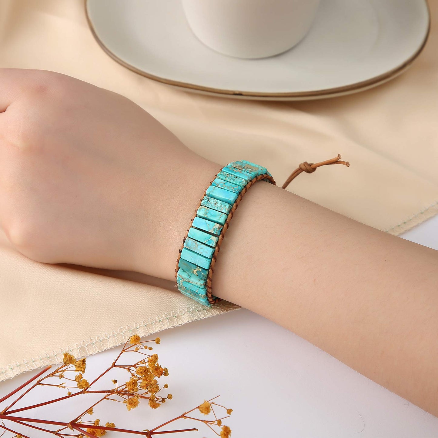 Plumiss Leather Chakra Handmade Turquoise Blue Imperial Jasper Healing Stone Wrap Adjustable Bead Bracelet Gift for Women Men