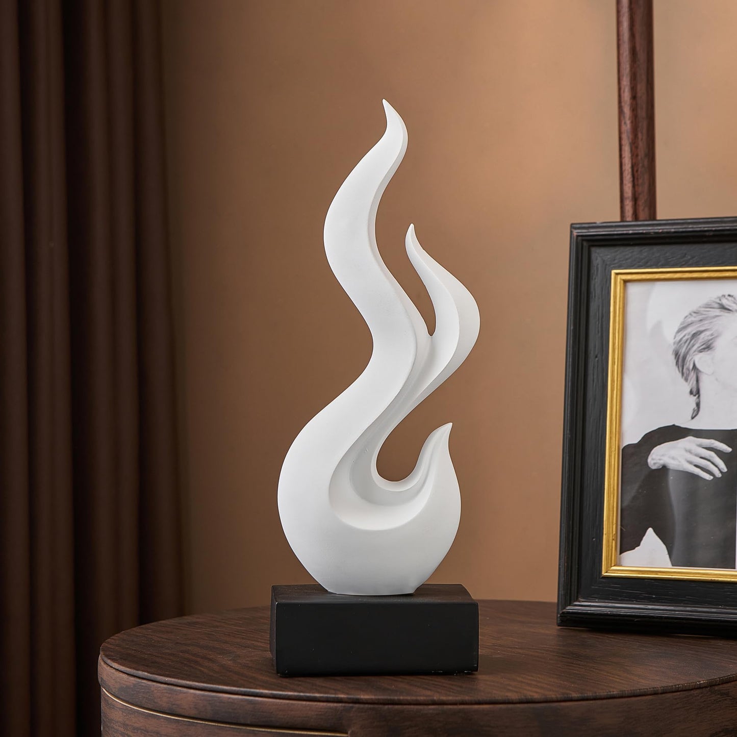 Modern Abstract Art Table Decoration, Gold Decor Flame Statue for Living Room Home, Black Shelf Decor Accents, Abstract Art Resin Sculpture for Dining Room, Office & Coffee Table Centerpiece (White)