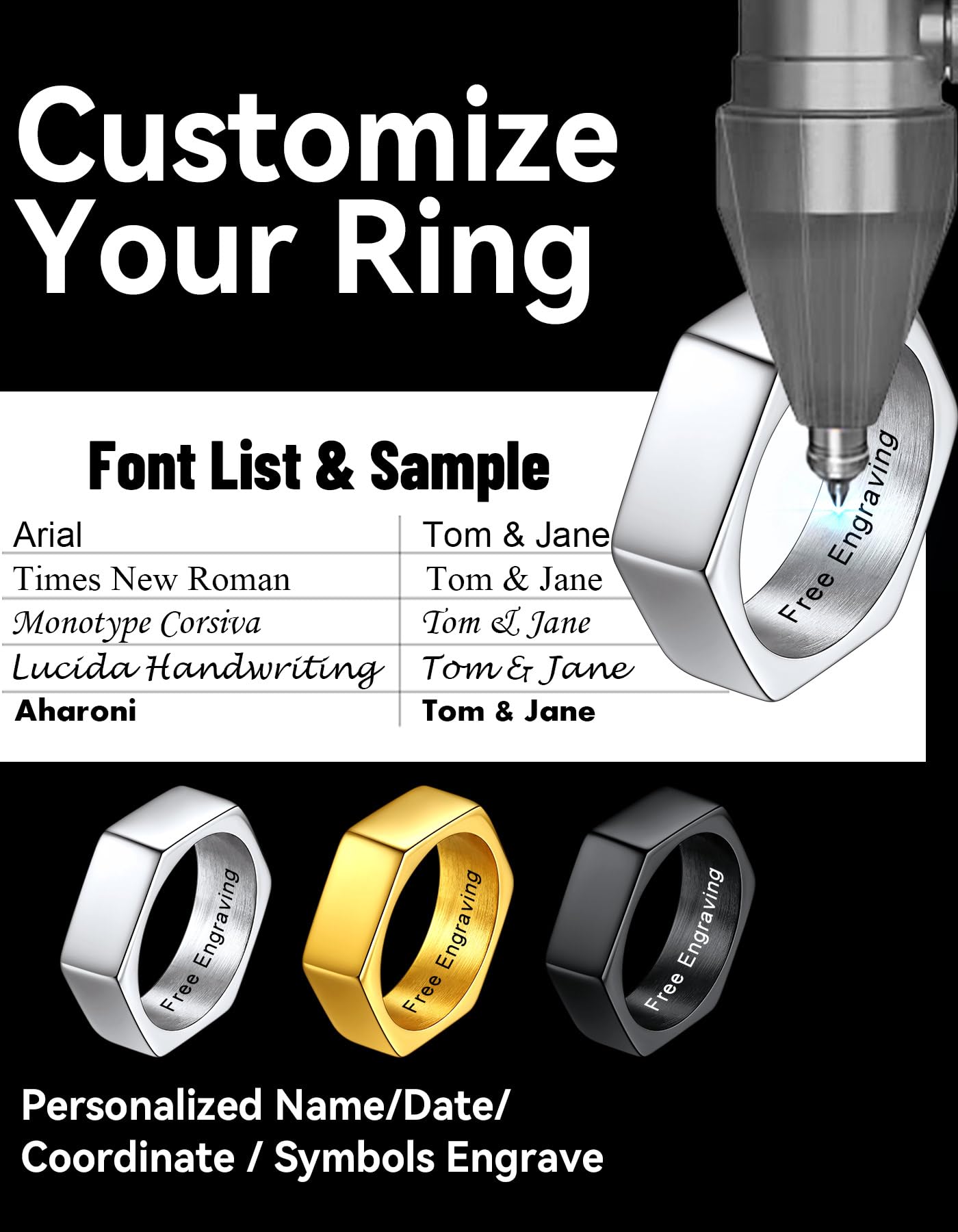 ChainsHouse Hexagon Ring Stainless Steel Geometric Biker Bands Custom Engraved Punk Jewelry for Men Women, Size 14