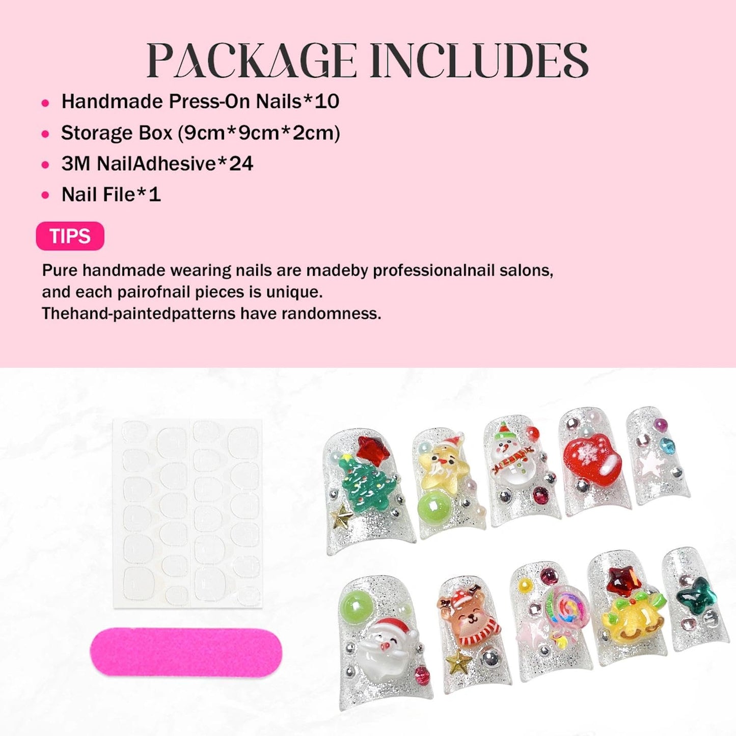 Handmade 3D Sweet Christmas Element Square Press On Nails, Glitter Rhinestone Festive Artisan Nails Set, Reusable Glossy Press-ons with Tool Kit(S)