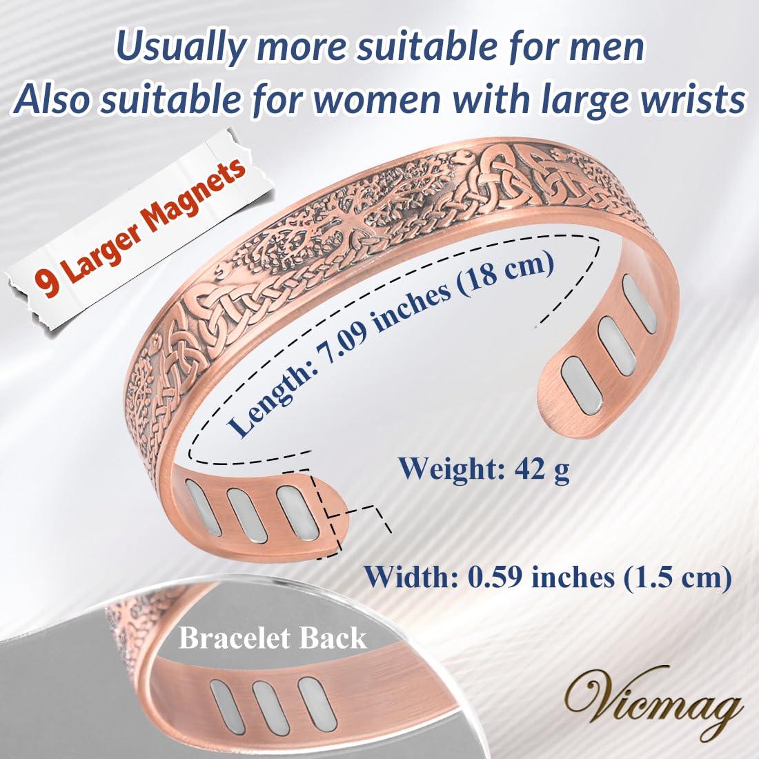 Vicmag Copper Bracelet for Men 9X Strength Magnetic Bracelet Men 99% Pure Copper with 5000 Gauss Magnets, Present Box Adjustable(Life Tree)