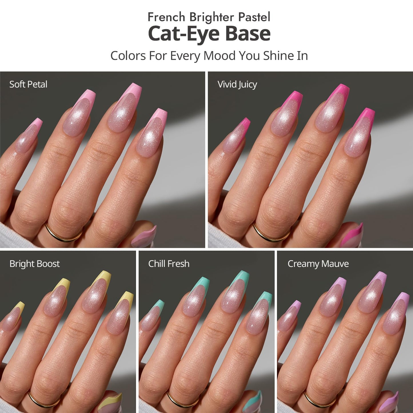 BTArtboxnails XCOATTIPS 5 Brighter Pastel French Tip Press on Nails - Medium Coffin, Cat Eye Base, 4-Week Wear, Easy-to-Apply, Soak Off, Salon Quality Value at Home, 16 Size - 160 Fake Nails