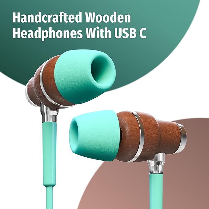 Symphonized Premium Wooden iPhone Earphones Wired (USB C) Deep Bass Sound, 3D Sound, Microphone Volume Control, 90% Noise Cancelling for Type C Devices. Earphones for iPhone 15 to 17 & Android