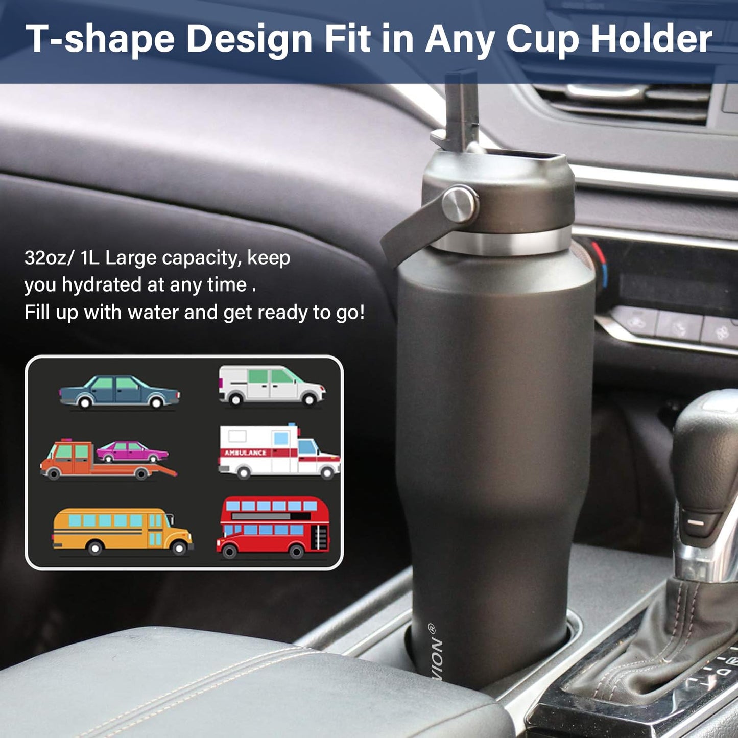 HYDROWION 40 oz Insulated Water Bottle with Straw fit in Car Cup Holder(Cold 48 hrs, Hot 24 hrs) Drinking Bottle with Straw Lid, Spout Lid and Flex Cap Leakproof Travel Thermo Mug，Black