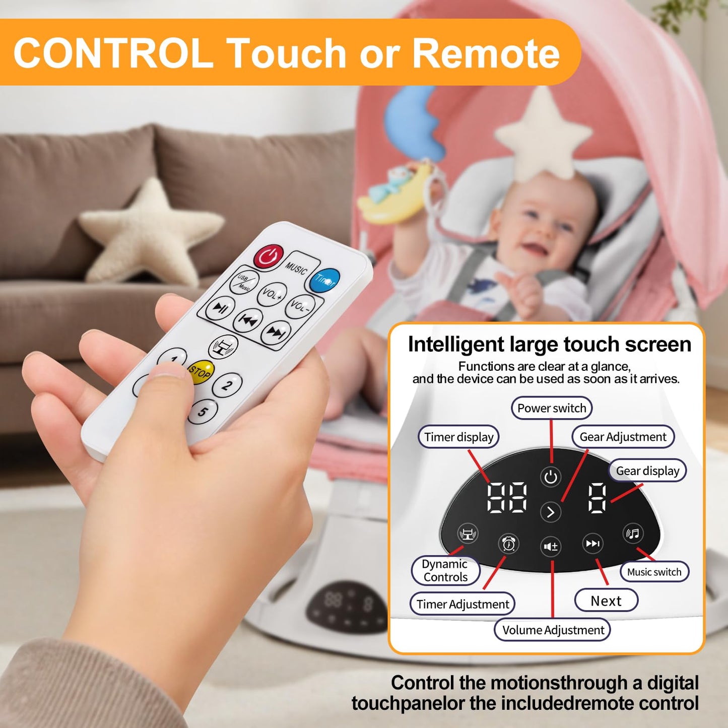 Baby Swing for Newborn to Toddler, 5 Speed Portable Infant Swing with Smart Touch Control, Remote Control, 10 Lullabies, Timer, 5 Point Harness and Soft Fabric (Pink)