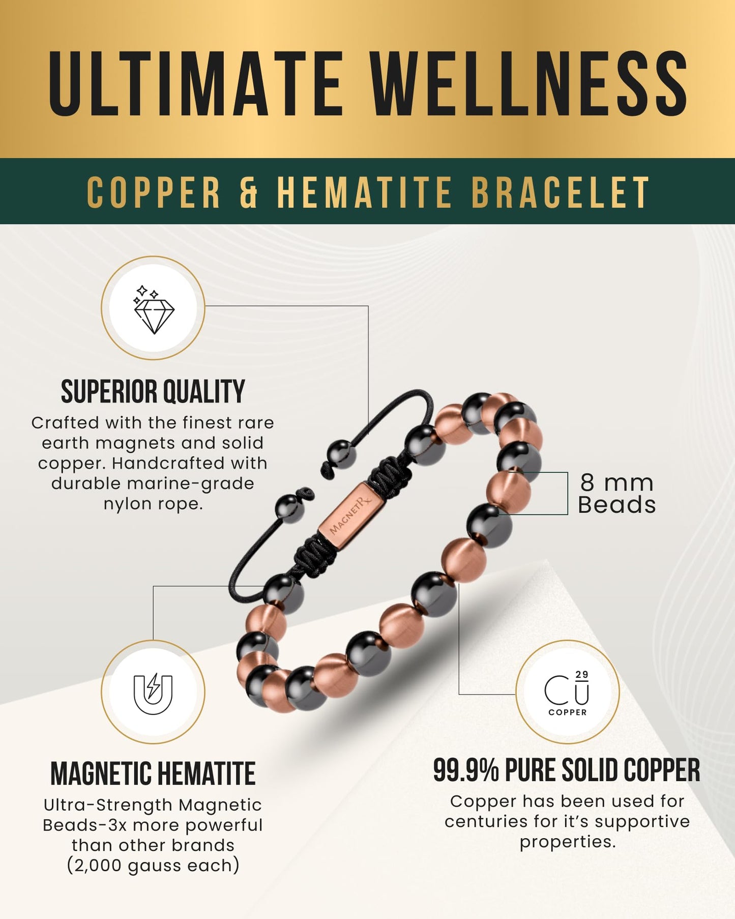MagnetRX® Magnetic Bracelets for Men & Women – MAX Strength Magnetic Hematite & Copper Bracelet with 8mm Solid Copper Beads (Single Copper)