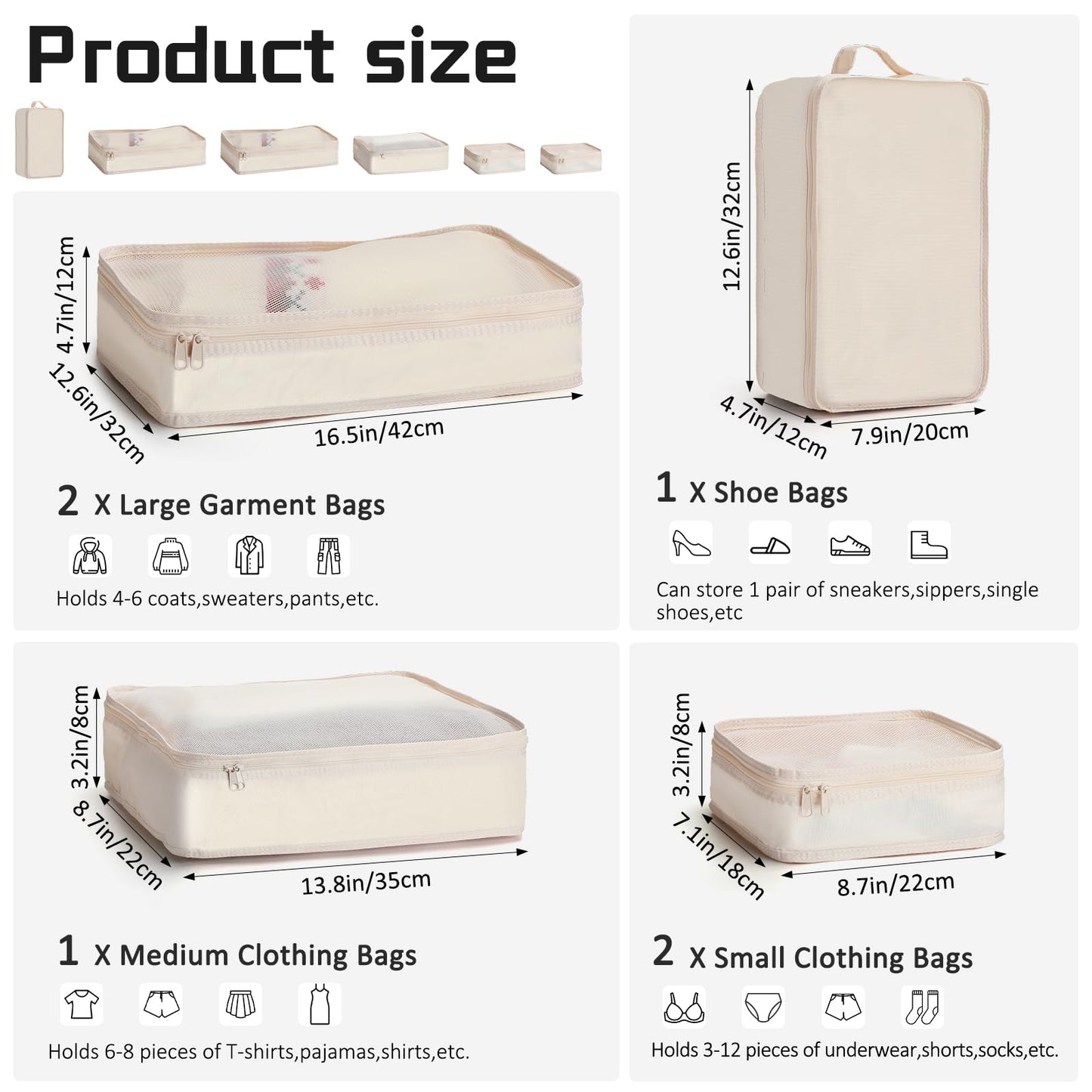 Reginary 1 Pack 6 Set Travel Packing Cubes Luggage Organizer Set Lightweight Suitcase with Shoe Bag for Clothes Toiletries (Beige)