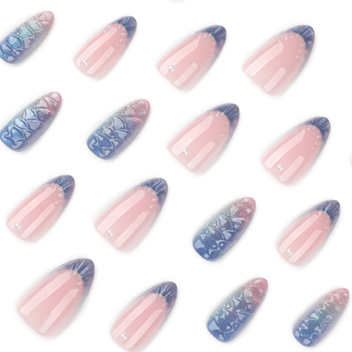 Almond Press On Nails Medium, 24PCS Iridescent 3D Mermaid Scale Acrylic Fake Nails, Gradient Pink Purple Stick On Nails for Women, Reusable Glossy False Nails for Party, Wedding