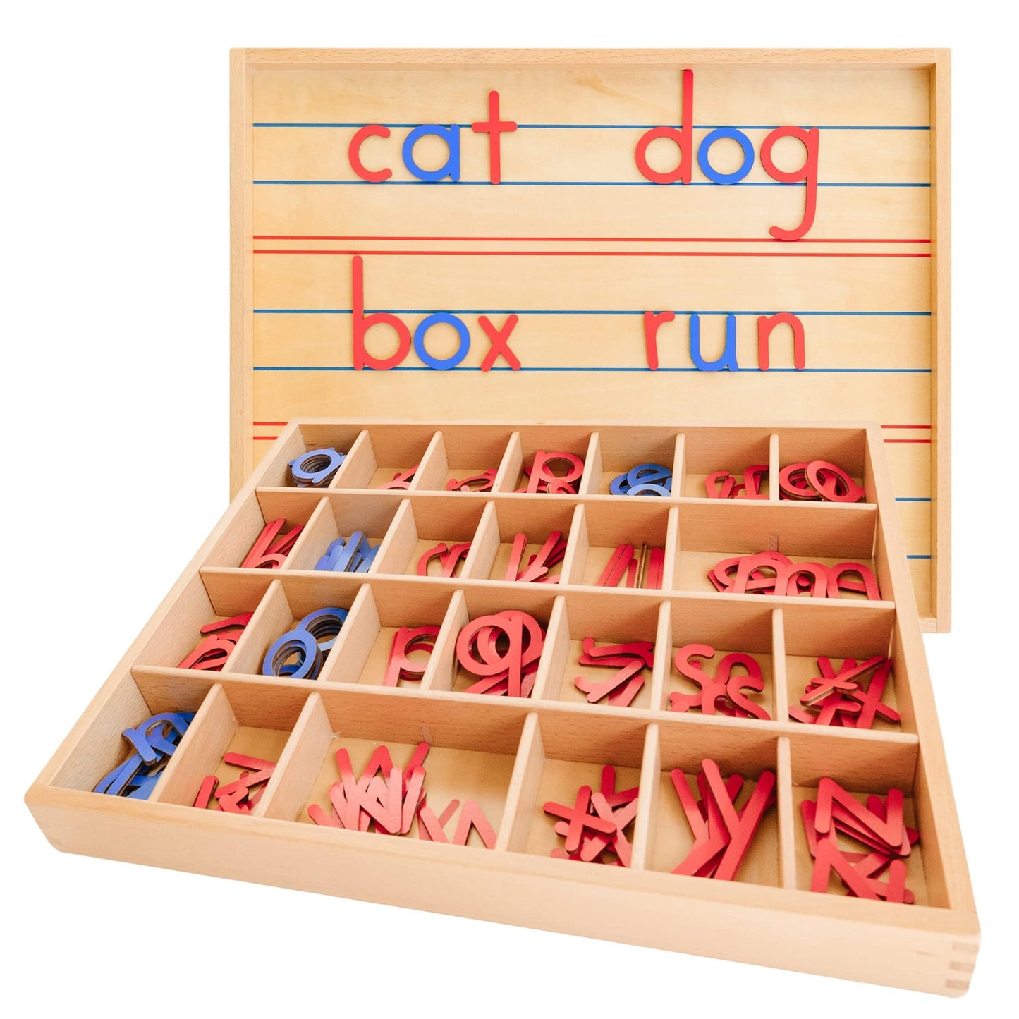 Movable Alphabet Montessori Wooden Letters - Moveable Alphabet With Box Mats - Lower Case for Writing, Reading, Spelling, and Language Learning Materials (Red and Blue)