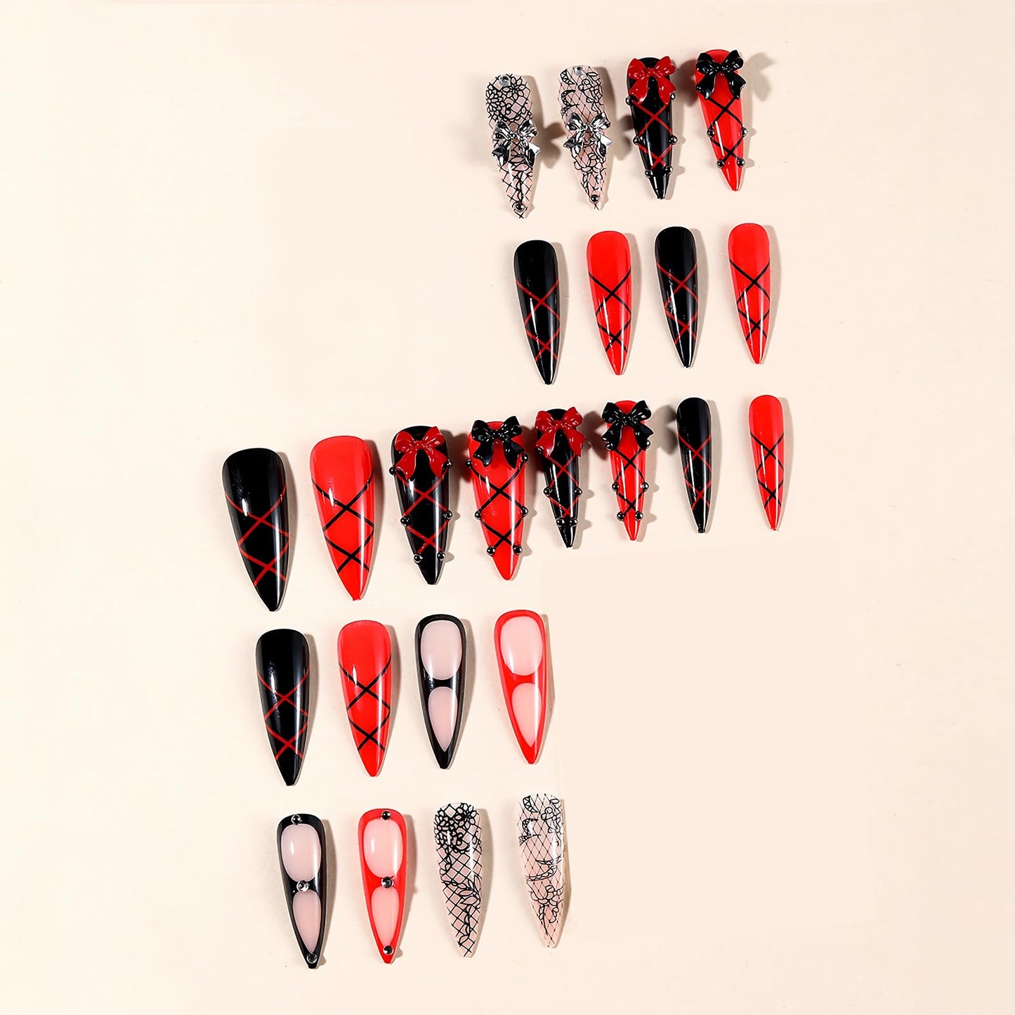 MISUD Press on Nails - Long Stiletto Glue on Nails with Goth Red Black, Acrylic Gothic Lace Charms Design 24 pcs
