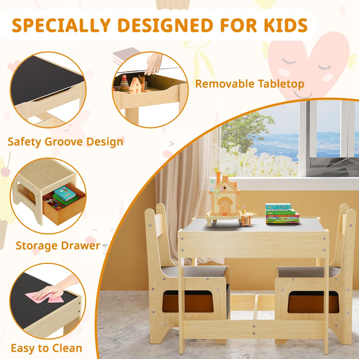 Kids Table and Chair Set, Wooden Activity Table with Storage Drawer, Detachable Tabletop for Toddlers Drawing, Reading, Art Crafts, Kids Learning Table and Chair Set for Home, Playroom (Wood color)