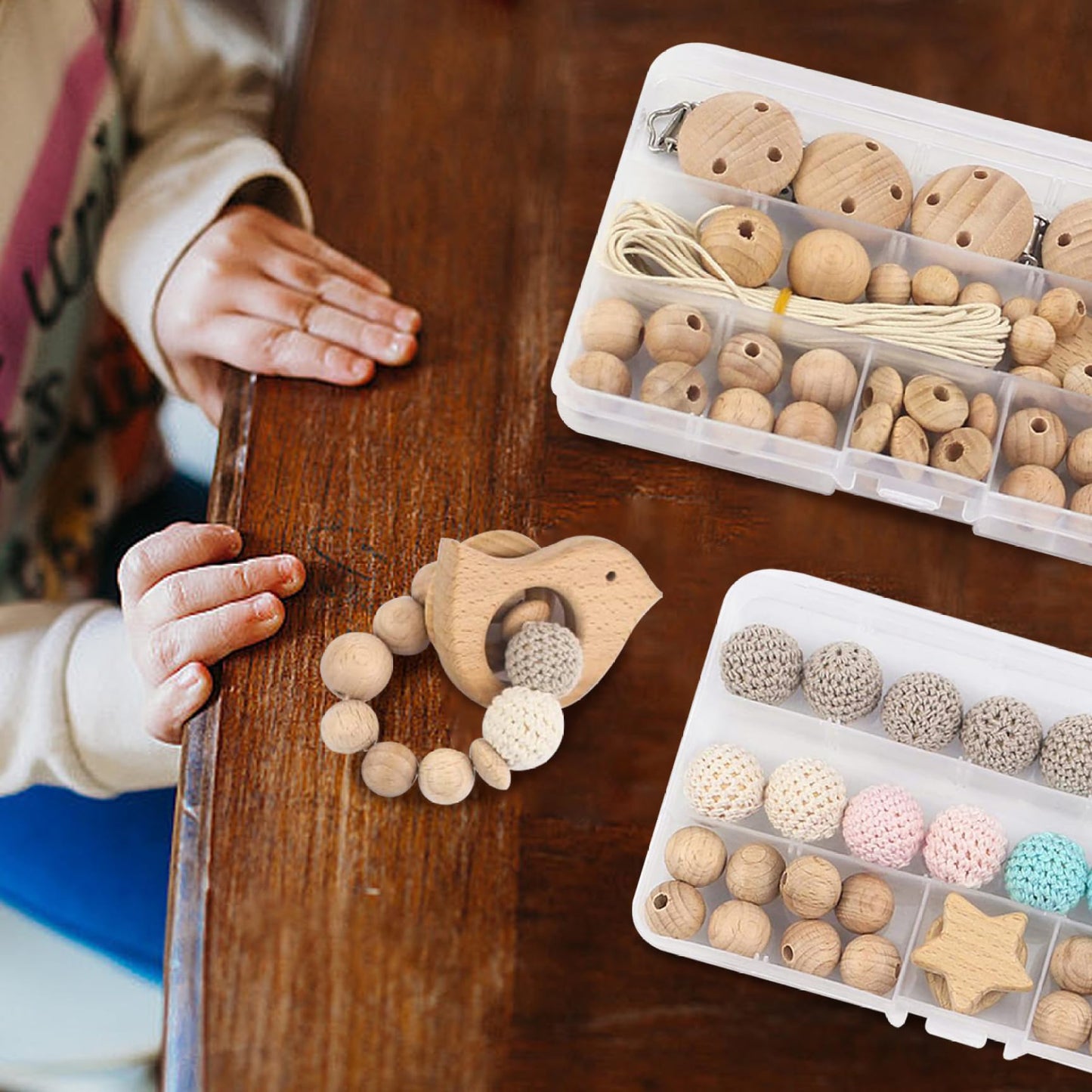 Wood Beads, Macrame Beads 84Pcs/Set Natrual Macrame Wooden DIY Crochet Wooden with Clips for Baby Pacifier Chain, Bracelets, DIY Crafts and Macrames