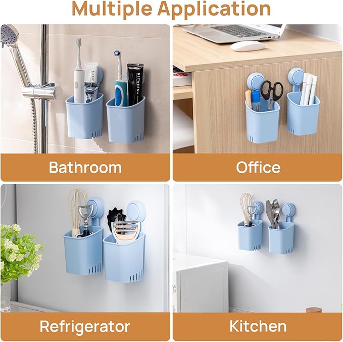 LEVERLOC Powerful Suction Cup Toothbrush Holder, No Drill Removable Wall Shower Holder for Toothbrush, Toothpaste, Razor, Self-draining Suction Cup in Shower, Kitchen Tableware Organizer, Blue, 2 Pack