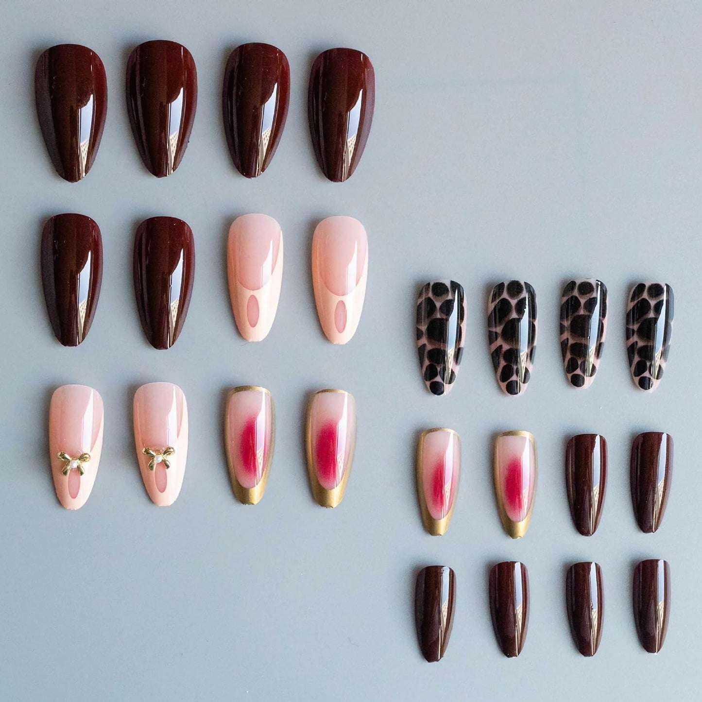 MISUD Press on Nails - Medium Almond Fake Nails with Fall Burgundy, Acrylic Cheetah Tortoise Design 24 pcs