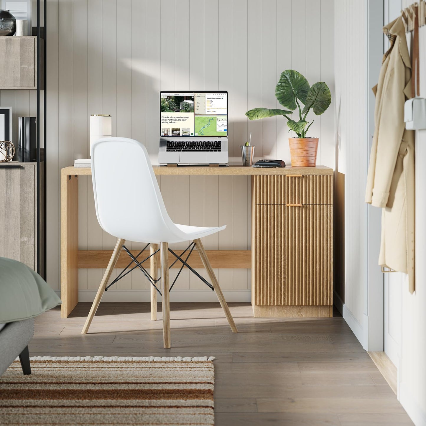 IDEALHOUSE Fluted Executive Desk with Drawers, 60" Modern Home Office Desk with Storage Cabinet, Wood Fluted Computer Desks Workstation for Working, Studying, Writing, Natural Oak