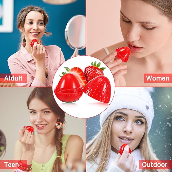 12 Pcs Cute Lip Balm Strawberry Wrinkle Repair Moisturizing and Plumping Lasting Hydrating Strawberry Shaped Lip Protector for Women Valentines Gift