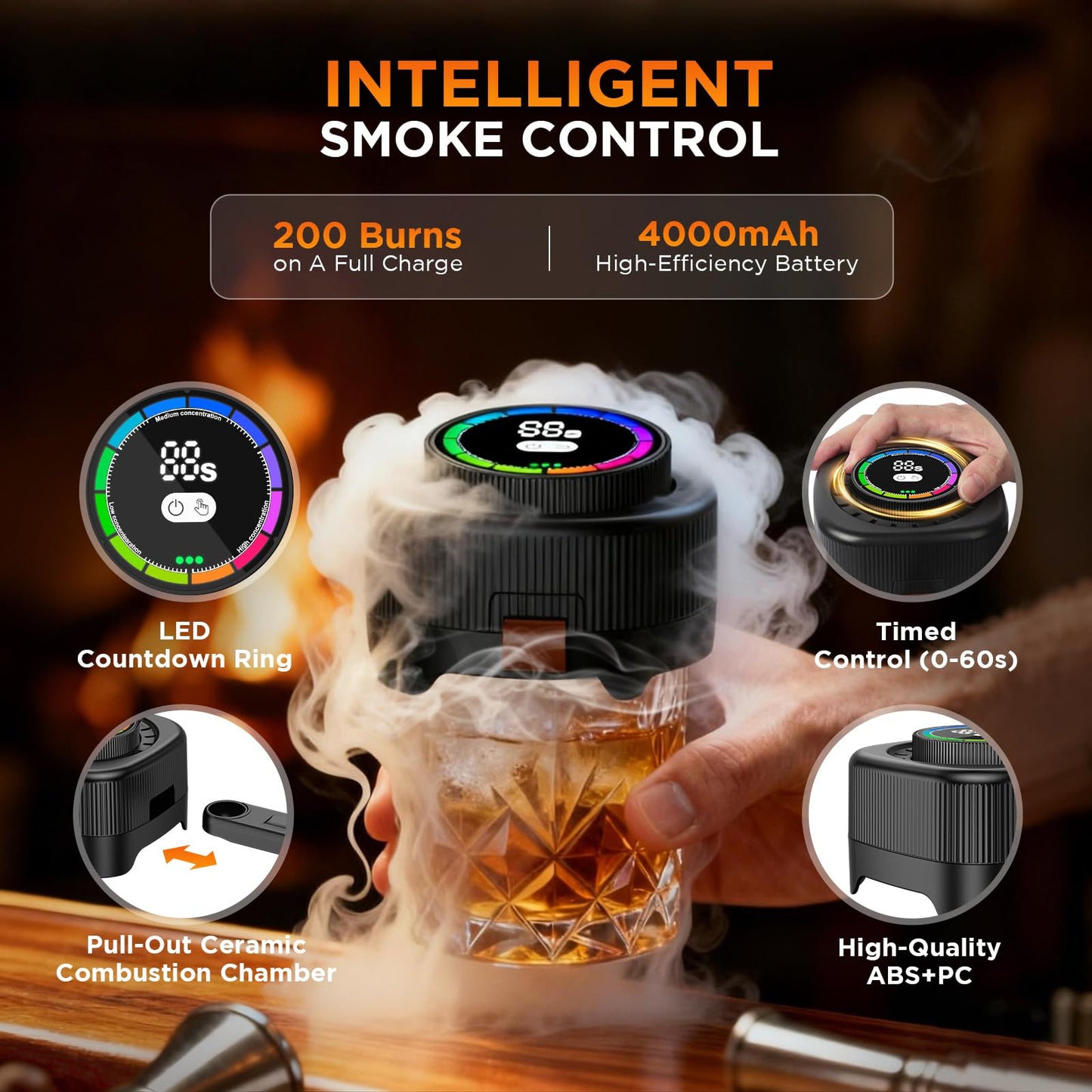 Electric Whiskey Smoker Kit with 0-60s Adjustable Timer, No Butane Needed, Cocktail Bourbon Drink Smoker Infuser Kit Smoke Whisky Set with 6 Wood Chips Flavors, Birthday Gifts for Men, Dad, Husband
